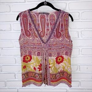 Floral Paisley Silk Sleeveless Blouse w/Tie Front